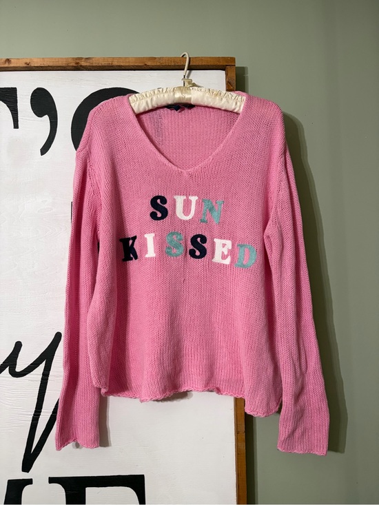 Simply Southern Sweaters - Simply Southern Pink Knit Top with Navy Tag